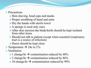  Precautions
 Skin shaving, head caps and masks
 Proper scrubbing of hand and arms
 Dry the hands with sterile towel
 A sponge is used only once
 After skin incision the blade/knife should be kept isolated
from other items
 Should not talk to patient except when essential (respiratory
tract is a source of infection)
 Doors should be kept close
 Temperature  24c to 27c
 Ventilation
 1 change/hr  contamination reduced by 60%
 2 change/hr  contamination reduced by 86%
 10 change/hr  contamination reduced by 99%
 