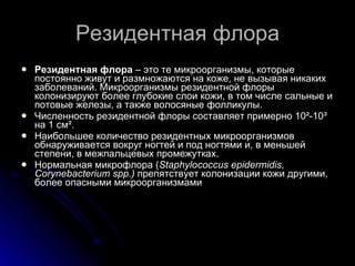 Резидентная флора Резидентная флора  – это те микроорганизмы, которые постоянно живут и размножаются на коже, не вызывая никаких заболеваний. Микроорганизмы резидентной флоры колонизируют более глубокие слои кожи, в том числе сальные и потовые железы, а также волосяные фолликулы. Численность резидентной флоры составляет примерно 10 ² -10 ³  на 1 см ² .  Наибольшее количество резидентных микроорганизмов обнаруживается вокруг ногтей и под ногтями и, в меньшей степени, в межпальцевых промежутках. Нормальная микрофлора ( Staphylococcus epidermidis ,  Corynebacterium spp.)  препятствует колонизации кожи другими, более опасными микроорганизмами 