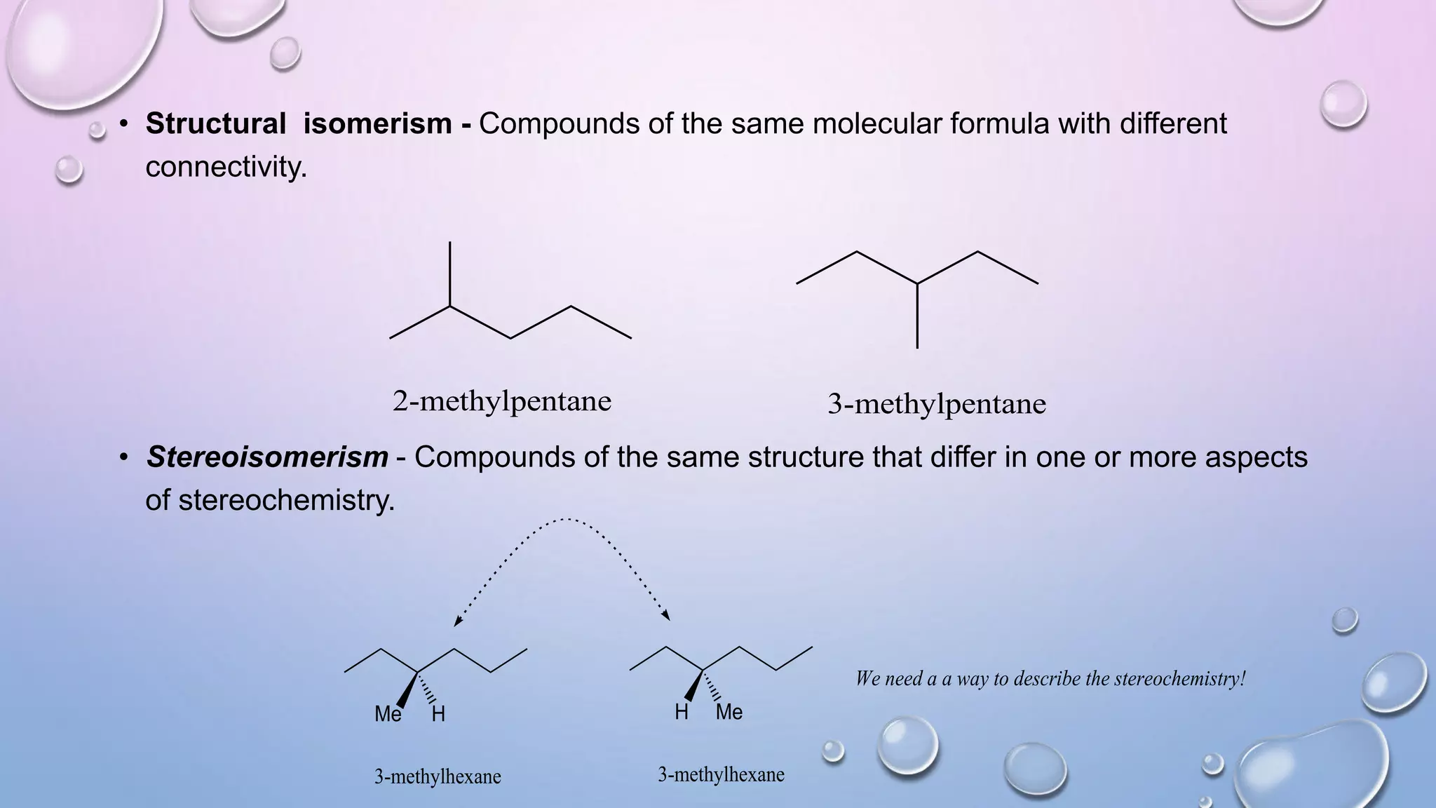 • Structural isomerism - Compounds of the same molecular formula with different
connectivity.
• Stereoisomerism - Compounds of the same structure that differ in one or more aspects
of stereochemistry.
2-methylpentane 3-methylpentane
Me H H Me
3-methylhexane 3-methylhexane
We need a a way to describe the stereochemistry!
 