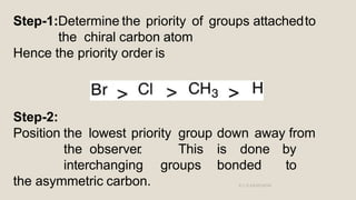 Step-1:Determine the priority of groups attachedto
the chiral carbon atom
Hence the priority order is
Step-2:
Position the...
