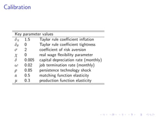 Calibration
Key parameter values
δπ 1.5 Taylor rule coe¢ cient in‡ation
δθ 0 Taylor rule coe¢ cient tightness
σ 2 coe¢ cient of risk aversion
χ 0 real wage ‡exibility parameter
δ 0.005 capital depreciation rate (monthly)
ω 0.02 job termination rate (monthly)
ρ 0.85 persistence technology shock
α 0.5 matching function elasticity
µ 0.3 production function elasticity
 