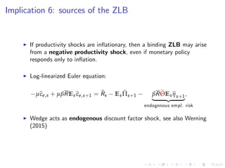 Implication 6: sources of the ZLB
I If productivity shocks are in‡ationary, then a binding ZLB may arise
from a negative productivity shock, even if monetary policy
responds only to in‡ation.
I Log-linearized Euler equation:
µbce,s + µβREsbce,s+1 = bRs Es bΠs+1 βR eΘEs bηs+1
| {z }
,
endogenous empl. risk
I Wedge acts as endogenous discount factor shock, see also Werning
(2015)
 