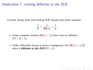 Implication 7: missing de‡ation at the ZLB
Consider steady state with binding ZLB. Steady-state Euler equation:
1
Π
=
1
βΘ(η)
<
1
β
I Under complete markets (Θ(η) = 1) there must be de‡ation
(Π = β < 1)
I Under su¢ ciently strong increase in endogenous risk (Θ(η) > 1/β)
there is in‡ation at the ZLB (Π > 1)
 