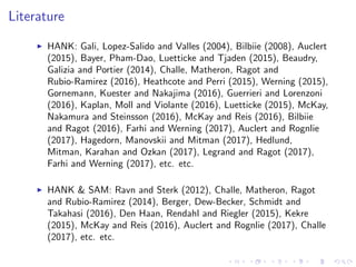 Literature
I HANK: Gali, Lopez-Salido and Valles (2004), Bilbiie (2008), Auclert
(2015), Bayer, Pham-Dao, Luetticke and Tjaden (2015), Beaudry,
Galizia and Portier (2014), Challe, Matheron, Ragot and
Rubio-Ramirez (2016), Heathcote and Perri (2015), Werning (2015),
Gornemann, Kuester and Nakajima (2016), Guerrieri and Lorenzoni
(2016), Kaplan, Moll and Violante (2016), Luetticke (2015), McKay,
Nakamura and Steinsson (2016), McKay and Reis (2016), Bilbiie
and Ragot (2016), Farhi and Werning (2017), Auclert and Rognlie
(2017), Hagedorn, Manovskii and Mitman (2017), Hedlund,
Mitman, Karahan and Ozkan (2017), Legrand and Ragot (2017),
Farhi and Werning (2017), etc. etc.
I HANK & SAM: Ravn and Sterk (2012), Challe, Matheron, Ragot
and Rubio-Ramirez (2014), Berger, Dew-Becker, Schmidt and
Takahasi (2016), Den Haan, Rendahl and Riegler (2015), Kekre
(2015), McKay and Reis (2016), Auclert and Rognlie (2017), Challe
(2017), etc. etc.
 