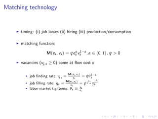 Matching technology
I timing: (i) job losses (ii) hiring (iii) production/consumption
I matching function:
M(es , vs ) = ψeα
s v1 α
s , α 2 (0, 1) , ψ > 0
I vacancies (vj,s 0) come at ‡ow cost κ
I job …nding rate: ηs = M(es ,vs )
es
= ψθ1 α
s
I job …lling rate: qs = M(es ,vs )
vs
= ψ
1
1 α η
α
α 1
s
I labor market tightness: θs
vs
es
 