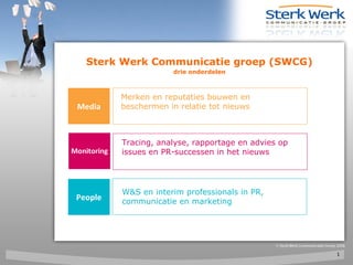 Sterk Werk Communicatie groep (SWCG) drie onderdelen Media People Monitoring Merken en reputaties bouwen en beschermen in relatie tot nieuws W&S en interim professionals in PR, communicatie en marketing Tracing, analyse, rapportage en advies op issues en PR-successen in het nieuws 