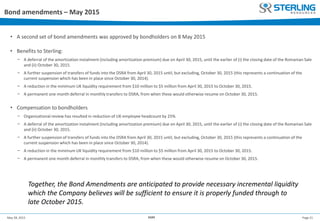 Page 21May 28, 2015 AGM
Bond amendments – May 2015
• A second set of bond amendments was approved by bondholders on 8 May 2015
• Benefits to Sterling:
− A deferral of the amortization instalment (including amortization premium) due on April 30, 2015, until the earlier of (i) the closing date of the Romanian Sale
and (ii) October 30, 2015.
− A further suspension of transfers of funds into the DSRA from April 30, 2015 until, but excluding, October 30, 2015 (this represents a continuation of the
current suspension which has been in place since October 30, 2014).
− A reduction in the minimum UK liquidity requirement from $10 million to $5 million from April 30, 2015 to October 30, 2015.
− A permanent one month deferral in monthly transfers to DSRA, from when these would otherwise resume on October 30, 2015.
• Compensation to bondholders
− Organizational review has resulted in reduction of UK employee headcount by 25%
− A deferral of the amortization instalment (including amortization premium) due on April 30, 2015, until the earlier of (i) the closing date of the Romanian Sale
and (ii) October 30, 2015.
− A further suspension of transfers of funds into the DSRA from April 30, 2015 until, but excluding, October 30, 2015 (this represents a continuation of the
current suspension which has been in place since October 30, 2014).
− A reduction in the minimum UK liquidity requirement from $10 million to $5 million from April 30, 2015 to October 30, 2015.
− A permanent one month deferral in monthly transfers to DSRA, from when these would otherwise resume on October 30, 2015.
Together, the Bond Amendments are anticipated to provide necessary incremental liquidity
which the Company believes will be sufficient to ensure it is properly funded through to
late October 2015.
 