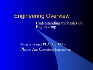 Engineering OverviewEngineering Overview
Understanding the basics of
Engineering
Being in the right PLACEPLACE at FEP –
Plastics And Consulting Engineering
 