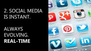2. SOCIAL MEDIA
IS INSTANT.
ALWAYS
EVOLVING.
REAL-TIME
 