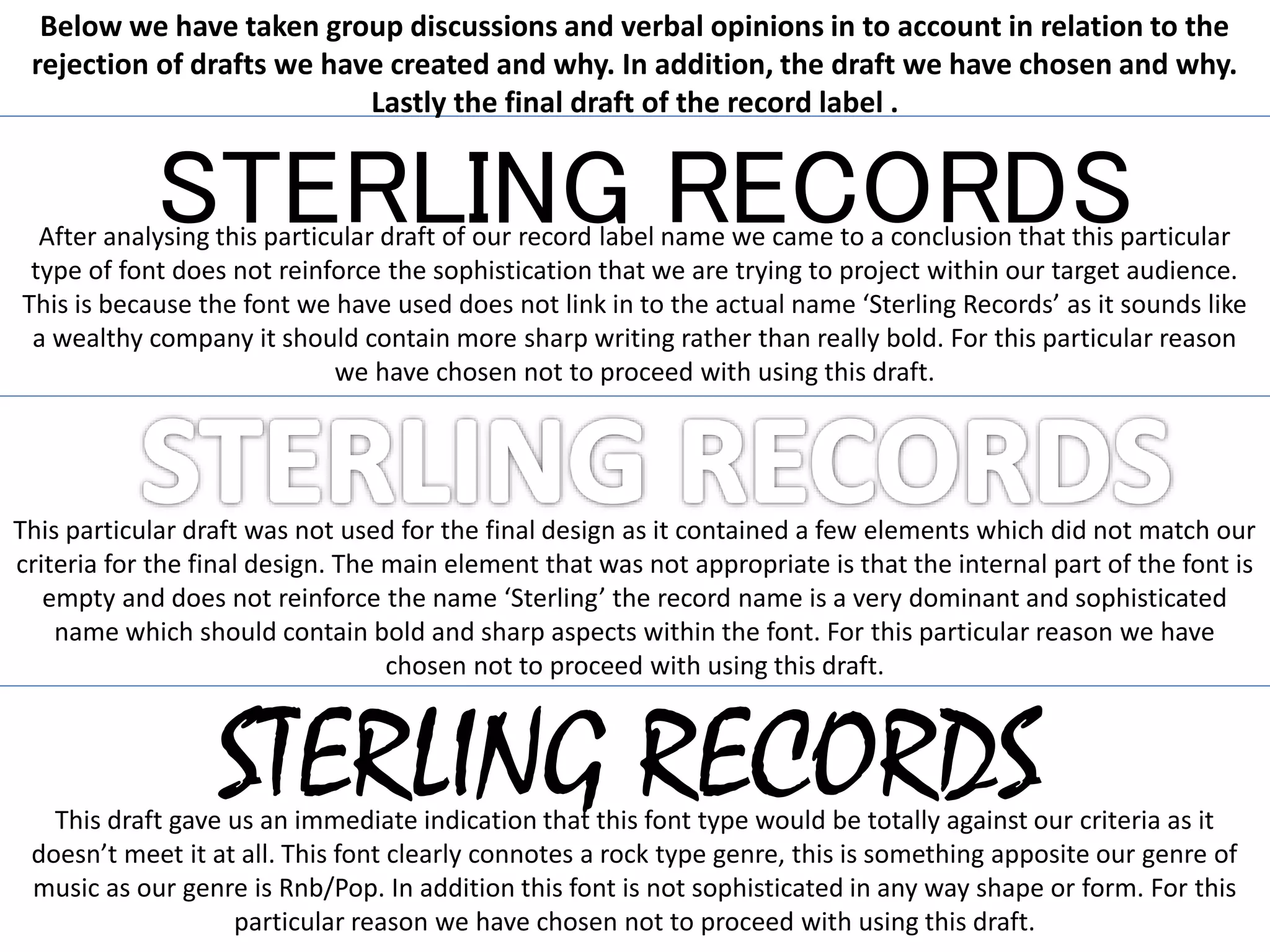 STERLING RECORDSAfter analysing this particular draft of our record label name we came to a conclusion that this particular
type of font does not reinforce the sophistication that we are trying to project within our target audience.
This is because the font we have used does not link in to the actual name ‘Sterling Records’ as it sounds like
a wealthy company it should contain more sharp writing rather than really bold. For this particular reason
we have chosen not to proceed with using this draft.
This particular draft was not used for the final design as it contained a few elements which did not match our
criteria for the final design. The main element that was not appropriate is that the internal part of the font is
empty and does not reinforce the name ‘Sterling’ the record name is a very dominant and sophisticated
name which should contain bold and sharp aspects within the font. For this particular reason we have
chosen not to proceed with using this draft.
STERLING RECORDSThis draft gave us an immediate indication that this font type would be totally against our criteria as it
doesn’t meet it at all. This font clearly connotes a rock type genre, this is something apposite our genre of
music as our genre is Rnb/Pop. In addition this font is not sophisticated in any way shape or form. For this
particular reason we have chosen not to proceed with using this draft.
Below we have taken group discussions and verbal opinions in to account in relation to the
rejection of drafts we have created and why. In addition, the draft we have chosen and why.
Lastly the final draft of the record label .
 