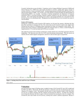 Currently, Sterling does not pay dividends. Competitors such as Umpqua Holdings Corporation (UMPQ) and
Glacier Bancorp, Inc. (GBCI) have paid regular dividends to investors, making them appear stronger to
investors who have a focus on dividend returns. Sterling stopped paying dividends during the financial crisis
(after the third quarter of 2008). Very recently, one of the obstacles to paying dividends, the Memorandum of
Understanding (MOU), was recinded. According to Sterling management, the Department of Financial
Institutions (DFI) is reviewing Sterling’s financial condition relating to the final restrictions on dividend
payments. This would indicate that Sterling may be able to start paying dividends once it has paid all of the
accrued interest on its subordinated debt. Management has indicated that they do not currently have plans to
issue dividends.
Positive EPS Surprises:
Sterling has a good track record of positive EPS surprises over the past four quarters, indicating that they
have been successful in managing the firm. This recent track record of positive surprise also suggests that
Sterling has been effective at managing market expectations by being very transparent in their actions. The
positive track record continues in performance against the Financial sector as a whole, in which Sterling has
outperformed by 3.7% in the last month and 18.9% over six months.
The market has reacted well to Sterling’s performance outlook and the news of the P&A agreement with First
Independent. The share price has risen over 18.5% since the purchase announcement. This also may be an
indicator that the market supports management’s decision to seek out these types of acquisitions.

Figure 1: Sterling Stock Price and News Last 12 Months
Source: Schwab

Valuation
We derived the price target of Sterling using a weighted average of the Forward P/E ratio (20% weight) and
the P/BV ratio (80%). Historically, the PE ratio has been a commonly used ratio for determining the current
valuation of a company’s stock. One problem with this ratio in a poor economic climate is that when there
are very low or negative earnings, then this valuation tool becomes less effective. As banks have started to
recover from the recession, this ratio is again a relevant instrument for assessing the value of a company. The
Forward PE ratio looks further into the recovery, creating more realistic valuation expectations. Because it

 