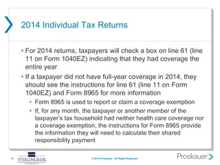 2014 Individual Tax Returns
• For 2014 returns, taxpayers will check a box on line 61 (line
11 on Form 1040EZ) indicating that they had coverage the
entire year
• If a taxpayer did not have full-year coverage in 2014, they
should see the instructions for line 61 (line 11 on Form
1040EZ) and Form 8965 for more information
• Form 8965 is used to report or claim a coverage exemption
• If, for any month, the taxpayer or another member of the
taxpayer’s tax household had neither health care coverage nor
a coverage exemption, the instructions for Form 8965 provide
the information they will need to calculate their shared
responsibility payment
12 © 2015 Proskauer. All Rights Reserved.
 