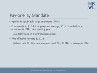 Pay-or-Play Mandate
• Applies to applicable large employers (ALEs)
• Company is an ALE if it employs, on average, 50 or more full-time
equivalents (FTEs) in preceding year
• ALE determined on a controlled group basis
• Was effective January 1, 2015
• Delayed until 2016 for most employers with 50 – 99 FTEs on average in 2014
© 2016 Marathas Barrow Weatherhead Lent LLP. All Rights Reserved.
 