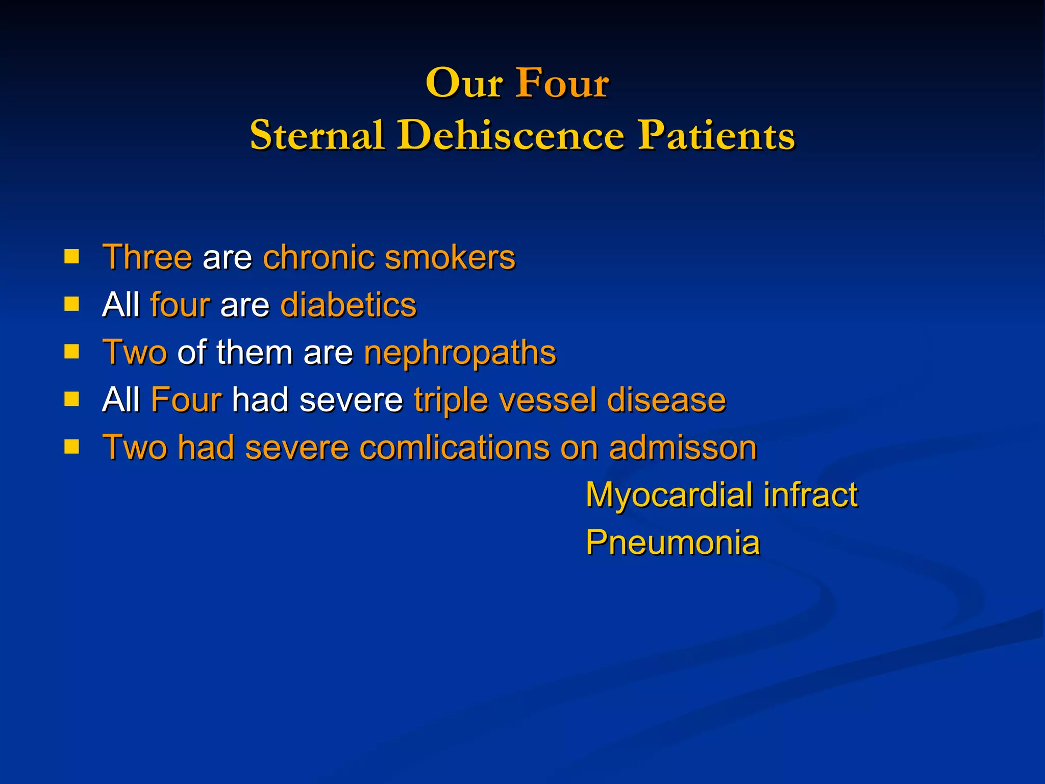 Our  Four  Sternal Dehiscence Patients Three  are  chronic smokers All  four  are  diabetics Two  of them are  nephropaths All  Four  had severe  triple vessel disease Two had severe comlications on admisson  Myocardial infract Pneumonia 