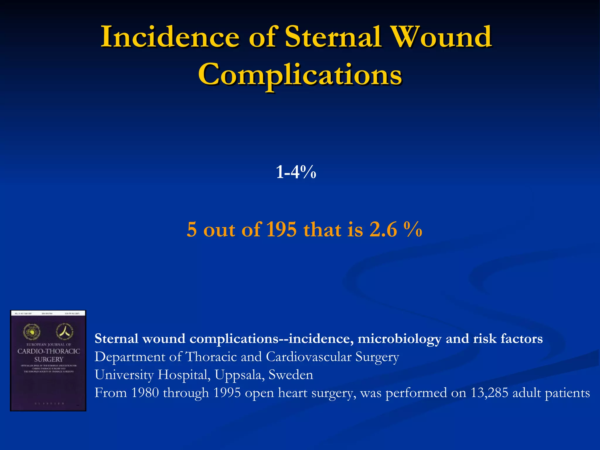 Incidence of Sternal Wound  Complications Sternal wound complications--incidence, microbiology and risk factors Department of Thoracic and Cardiovascular Surgery University Hospital, Uppsala, Sweden From 1980 through 1995 open heart surgery, was performed on 13,285 adult patients   5 out of 195 that is 2.6 % 1-4% 