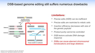 Limitations:
• Precise edits (HDR) can be inefficient
• Precise edits are restricted to mitotic cells
• Insertion efficiency decreases with size of
the genetic payload
• Product purity cannot be controlled
• DSB lesions activate DNA damage
response
• DSBs can cause aberrant chromosomal
translocations and large deletions
DSB-based genome editing still suffers numerous drawbacks
Sander & Joung. Nat Biotechnol. 32, 347–355 (2014)
Anzalone et al,. Nat Biotechnol 38, 824–844 (2020)
 