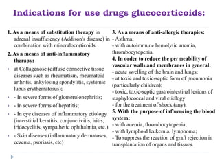Indications for use drugs glucocorticoids:
1. As a means of substitution therapy in
adrenal insufficiency (Addison's disea...