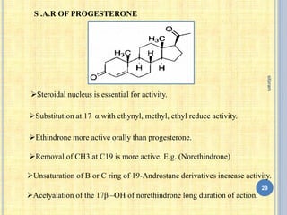Steroidal nucleus is essential for activity.
Substitution at 17 α with ethynyl, methyl, ethyl reduce activity.
Ethindrone more active orally than progesterone.
Removal of CH3 at C19 is more active. E.g. (Norethindrone)
Unsaturation of B or C ring of 19-Androstane derivatives increase activity.
Acetyalation of the 17β –OH of norethindrone long duration of action.
S .A.R OF PROGESTERONE
29
sitaram
 