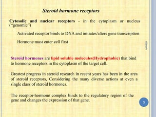 Steroid hormone receptors
Steroid hormones are lipid soluble molecules(Hydrophobic) that bind
to hormone receptors in the cytoplasm of the target cell.
Greatest progress in steroid research in recent years has been in the area
of steroid receptors, Considering the many diverse actions at even a
single class of steroid hormones.
The receptor-hormone complex binds to the regulatory region of the
gene and changes the expression of that gene.
Cytosolic and nuclear receptors - in the cytoplasm or nucleus
(“genomic”)
Activated receptor binds to DNA and initiates/alters gene transcription
Hormone must enter cell first
3
sitaram
 