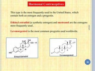 Hormonal Contraceptives
Ethinyl estradiol (a synthetic estrogen) and mestranol are the estrogens
most frequently used .
Levonorgestrel is the most common progestin used worldwide.
This type is the most frequently used in the United States, which
contain both an estrogen and a progestin.
Levonorgestrel
30
sitaram
 