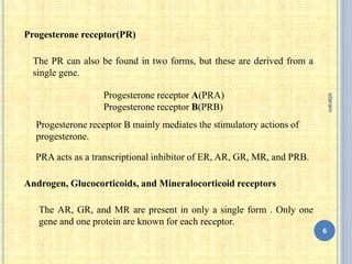 Progesterone receptor(PR)
The PR can also be found in two forms, but these are derived from a
single gene.
Progesterone receptor A(PRA)
Progesterone receptor B(PRB)
Progesterone receptor B mainly mediates the stimulatory actions of
progesterone.
PRA acts as a transcriptional inhibitor of ER, AR, GR, MR, and PRB.
Androgen, Glucocorticoids, and Mineralocorticoid receptors
The AR, GR, and MR are present in only a single form . Only one
gene and one protein are known for each receptor.
6
sitaram
 