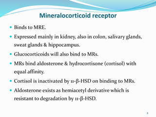 Mineralocorticoid receptor
 Binds to MRE.
 Expressed mainly in kidney, also in colon, salivary glands,
sweat glands & hippocampus.
 Glucocorticoids will also bind to MRs.
 MRs bind aldosterone & hydrocortisone (cortisol) with
equal affinity.
 Cortisol is inactivated by 11-β-HSD on binding to MRs.
 Aldosterone exists as hemiacetyl derivative which is
resistant to degradation by 11-β-HSD.
8
 