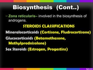 Biosynthesis (Cont..)
– Zona reticularis– involved in the biosynthesis of
androgens.
STEROIDS CLASSIFICATIONS
Mineralocorticoids (Cortisone, Fludrocortisone)
Glucocorticoids (Betamethasone,
Methylprednisolone)
Sex Steroids (Estrogen, Progestins)
 