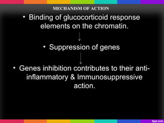 MECHANISM OF ACTION
• Binding of glucocorticoid response
elements on the chromatin.
• Suppression of genes
• Genes inhibition contributes to their anti-
inflammatory & Immunosuppressive
action.
 