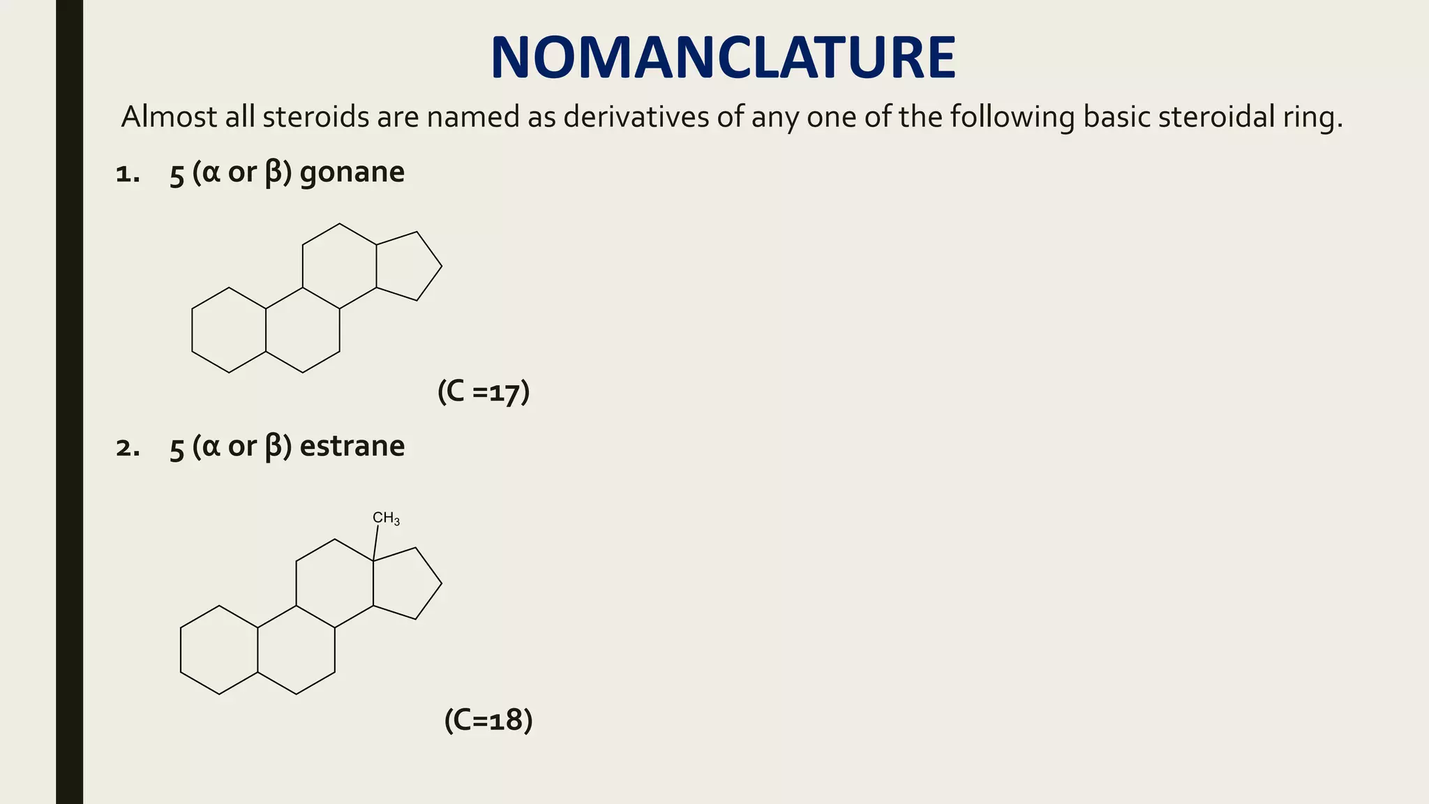 NOMANCLATURE
Almost all steroids are named as derivatives of any one of the following basic steroidal ring.
1. 5 (α or β) gonane
(C =17)
2. 5 (α or β) estrane
(C=18)
 