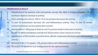 Modification in Ring B
i. Substitution of 6α position with hydrophobic groups like alkyl or halogens (methyl, chloro
and fluoro leads to increase in activity.
ii. Polar substituents such as –OH or =O at 6α position decreases the activity.
iii. 7α and 7β substituents decrease the anti-inflammatory activity. Thus 7α and 7β methyl
cortisol derivatives are less potent than cortisol.
iv. Introduction of –OH group at both 6α and 7α position leads to decrease in activity.
v. 6α and 7α difluoromethylene and 6β and 7β derivatives show enhanced activity.
vi. Introduction of 8(9) double in prednisolone affords compound with lower anti-inflammatory
activity.
vii. Removal of the C-19 angular –CH3 group reduces anti-inflammatory activity.
viii. The H at C-10 should be in β-configuration for the optimal activity.
DHARMENDRA BARIA, Smt. S.M. Shah Pharmacy College 35
 