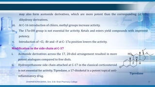 Modification in the side chain at C-17
i. Acetonide derivatives across the 17, 20-diol arrangement resulted in more
potent analogues compared to free diols.
ii. Hydroxyethanone side chain attached at C-17 in the classical corticosteroid
is not essential for activity. Tipredane, a 17-thioketal is a potent topical anti-
inflammatory drug.
DHARMENDRA BARIA, Smt. S.M. Shah Pharmacy College 37
Tipredane
may also form acetonide derivatives, which are more potent than the corresponding 16, 17-
dihydroxy derivatives.
iii. At C-16 introduction of chloro, methyl groups increase activity.
iv. The 17α-OH group is not essential for activity. Ketals and esters yield compounds with improved
potency.
v. Introduction of –Cl, -Br and –F at C- 17α position lowers the activity.
 