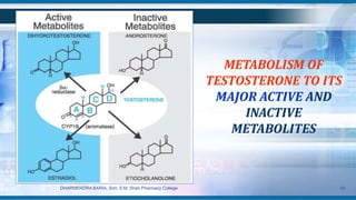 METABOLISM OF
TESTOSTERONE TO ITS
MAJOR ACTIVE AND
INACTIVE
METABOLITES
DHARMENDRA BARIA, Smt. S.M. Shah Pharmacy College 43
 