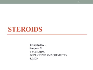 STEROIDS
Presented by :
Swapna. M
I M.PHARM.
DEPT. OF PHARMACHEMISTRY
SJMCP
1
 