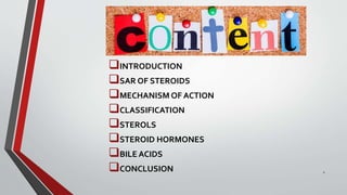 INTRODUCTION
SAR OF STEROIDS
MECHANISM OF ACTION
CLASSIFICATION
STEROLS
STEROID HORMONES
BILE ACIDS
CONCLUSION 2
 