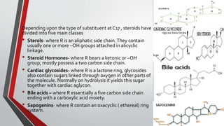 Depending upon the type of substituent at C17 , steroids have
divided into five main classes
• Sterols- where R is an aliphatic side chain.They contain
usually one or more –OH groups attached in alicyclic
linkage.
• Steroid Hormones- where R bears a ketonic or –OH
group, mostly possess a two carbon side chain.
• Cardiac glycosides- where R is a lactone ring, glycosides
also contain sugars linked through oxygen in other parts of
the molecule. Normally on hydrolysis it yields this sugar
together with cardiac aglycon.
• Bile acids – where R essentially a five carbon side chain
ending with a carboxylic acid moiety.
• Sapogenins- where R contain an oxacyclic ( ethereal) ring
system. 8
 