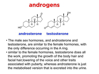 • The male sex hormones, and androsterone and
testosterone, are similar to the female hormones, with
the only difference occurring in the A ring.
• similar to the female hormones, testosterone does all
the work, promoting the growth of the body hair and
facial hair,lowering of the voice and other traits
associated with puberty, whereas androsterone is just
the metabolised version that is excreted into the urine.
 
