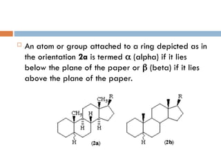  An atom or group attached to a ring depicted as in
the orientation 2a is termed  (alpha) if it lies
below the plane of the paper or  (beta) if it lies
above the plane of the paper.
 