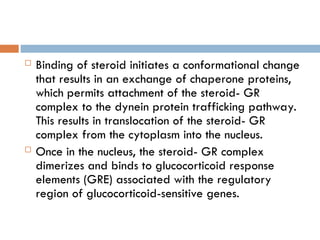  Binding of steroid initiates a conformational change
that results in an exchange of chaperone proteins,
which permits attachment of the steroid- GR
complex to the dynein protein trafficking pathway.
This results in translocation of the steroid- GR
complex from the cytoplasm into the nucleus.
 Once in the nucleus, the steroid- GR complex
dimerizes and binds to glucocorticoid response
elements (GRE) associated with the regulatory
region of glucocorticoid-sensitive genes.
 