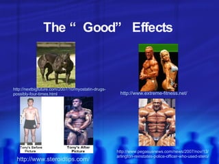 The “Good” Effects  http://nextbigfuture.com/2007/10/myostatin-drugs-possibly-four-times.html http://www.extreme-fitness.net/ http://www.pegasusnews.com/news/2007/nov/13/arlington-reinstates-police-officer-who-used-stero/ http://www.steroidtips.com/ 