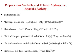 Preparations Available and Relative Androgenic:
Anabolic Activity
• Testosterone 1:1
• Methandrostenolone 1:3Anabolex10Mg ( 100tabletsRs2,809)
• Oxandrolone 1:3–1:13Anavar 10mg (50Tablets Rs3,595)
• Nandrolone phenpropionate1:3–1:6Durabolin(inj 25mg 1ml Rs40.50)
• Nandrolone decanoate1:2.5–1:4Decadurabolin(inj100mg1mlRs214.50)
• Stanozolol 1:3–1:6 (Tanzol cap 2mg 10 cap Rs 27.00)
 