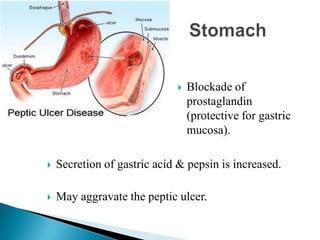  Blockade of
prostaglandin
(protective for gastric
mucosa).
 Secretion of gastric acid & pepsin is increased.
 May aggravate the peptic ulcer.
 