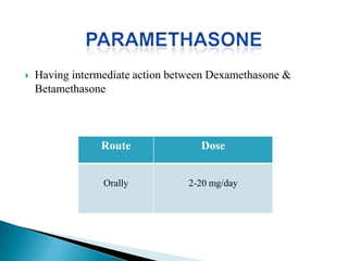  Having intermediate action between Dexamethasone &
Betamethasone
Route Dose
Orally 2-20 mg/day
 