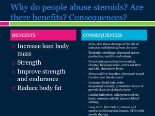 Why do people abuse steroids? Are
there benefits? Consequences?
 Increase lean body
mass
 Strength
 Improve strength
and endurance
 Reduce body fat
 Acne, skin tissue damage at the site of
injection and bleeding from the nose
 Testicular shrinkage, decreased sperm
production, motility and volume
 Breast enlargement(gynecomastia),
elevated blood pressure, increased HDL
and LDL cholesterol levels
 Abnormal liver function, decreased sexual
function and development
 Increased facial hair, voice
deepening(women), premature closure of
growth plates in skeletal system
 Cardiac infarction, enlargement of the
heart, coronary arterial spasms, blood
clotting
 Long term: liver failure, tumors and
cancer, cardiovascular disease, STD’s with
needle sharing
BENEFITS CONSEQUENCES
 
