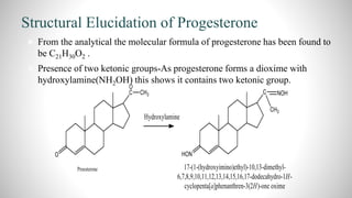 Structural Elucidation of Progesterone
 From the analytical the molecular formula of progesterone has been found to
be C21H30O2 .
 Presence of two ketonic groups-As progesterone forms a dioxime with
hydroxylamine(NH2OH) this shows it contains two ketonic group.
 