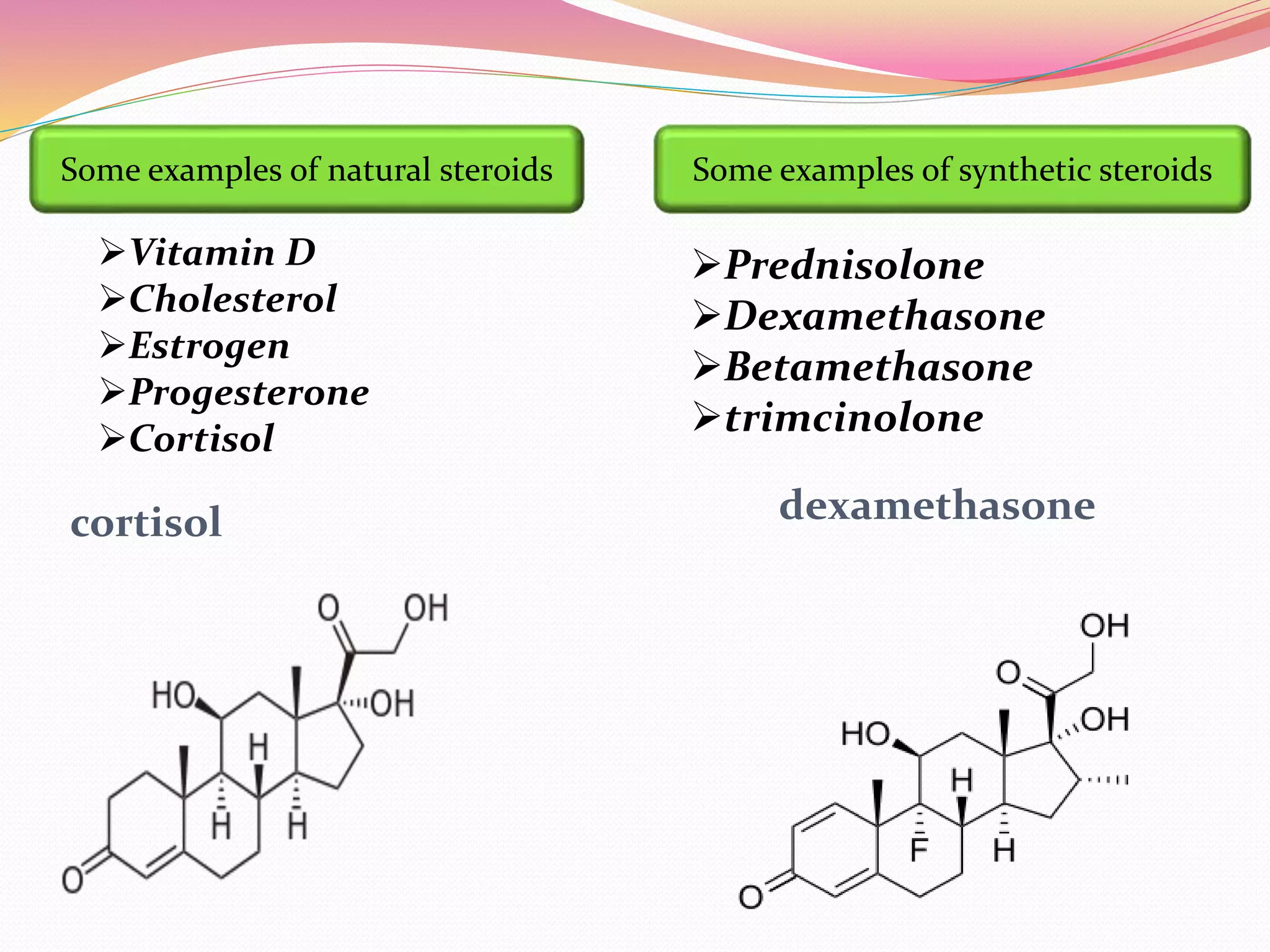 cortisol dexamethasone
Some examples of natural steroids
Vitamin D
Cholesterol
Estrogen
Progesterone
Cortisol
Some examples of synthetic steroids
Prednisolone
Dexamethasone
Betamethasone
trimcinolone
 