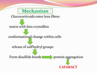 Glucocorticoids enter lens fibres
reacts with lens crystallins
conformational change within cells
release of sulfhydryl groups
Form disulfide bonds protein aggregation
CATARACT
Mechanism
 