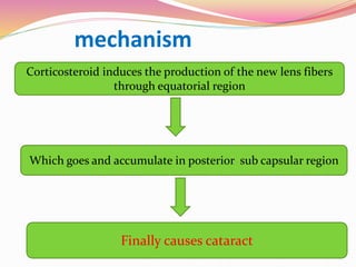 mechanism
Corticosteroid induces the production of the new lens fibers
through equatorial region
Which goes and accumulate in posterior sub capsular region
Finally causes cataract
 
