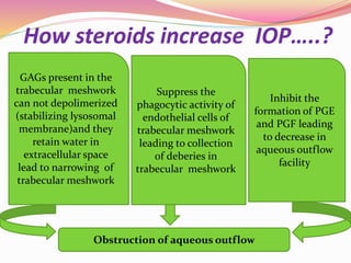 How steroids increase IOP…..?
GAGs present in the
trabecular meshwork
can not depolimerized
(stabilizing lysosomal
membrane)and they
retain water in
extracellular space
lead to narrowing of
trabecular meshwork
Suppress the
phagocytic activity of
endothelial cells of
trabecular meshwork
leading to collection
of deberies in
trabecular meshwork
Inhibit the
formation of PGE
and PGF leading
to decrease in
aqueous outflow
facility
Obstruction of aqueous outflow
 