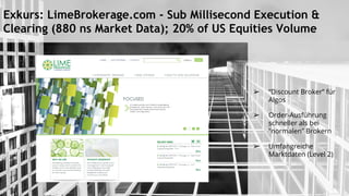 Exkurs: LimeBrokerage.com - Sub Millisecond Execution &
Clearing (880 ns Market Data); 20% of US Equities Volume
➢ “Discount Broker” für
Algos
➢ Order-Ausführung
schneller als bei
“normalen” Brokern
➢ Umfangreiche
Marktdaten (Level 2)
 
