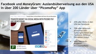 Facebook und MoneyGram: Auslandsüberweisung aus den USA
in über 200 Länder über “PicomoPay” App
➢ 25% aller Klicks in den
USA bei Facebook
➢ 73% aller Millenials
wünschen sich
Zahlungsfunktion von
Facebook (Millenial
Disruption Index)
➢ Kein “Henne-Ei-
Problem”
(Netzwerkeffekt)
 
